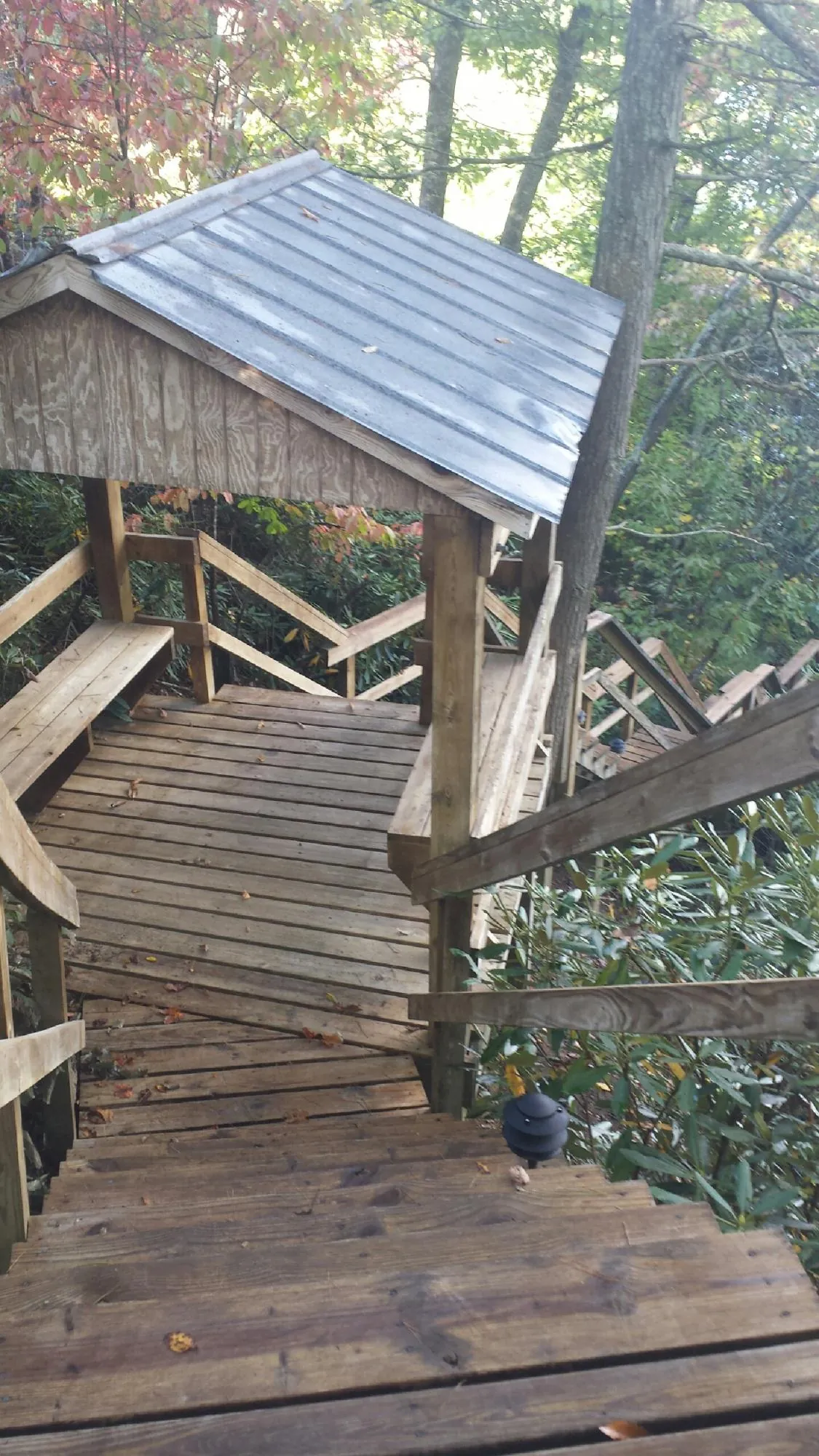 Metal roofed shelter over wooden steps on a wooded walkway — Skylight Repair & Installation work by our crew in Champaign